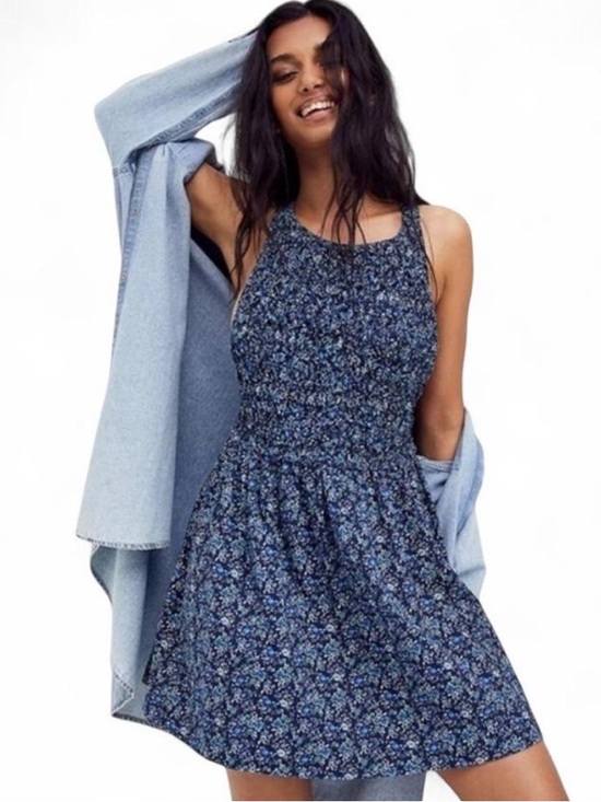 Free People Petunia Mini Dress Blue Floral Smocked Boho Backless - Size S - Picture 4 of 9